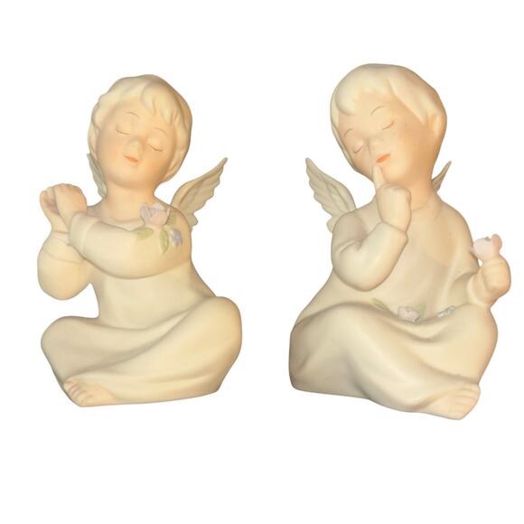 VTG Homco Bisque Angels W Roses Set 2 Signed Mizuno Victorian Cherub Christmas - Picture 1 of 9